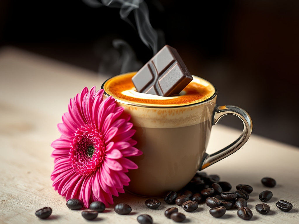 Rich Latte with Crown-Shaped Froth and Vibrant Pink Gerbera
