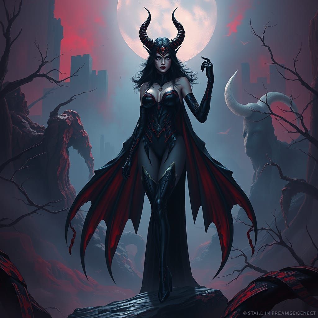 Mystical Femme Fatale in Haunting Crimson Landscape