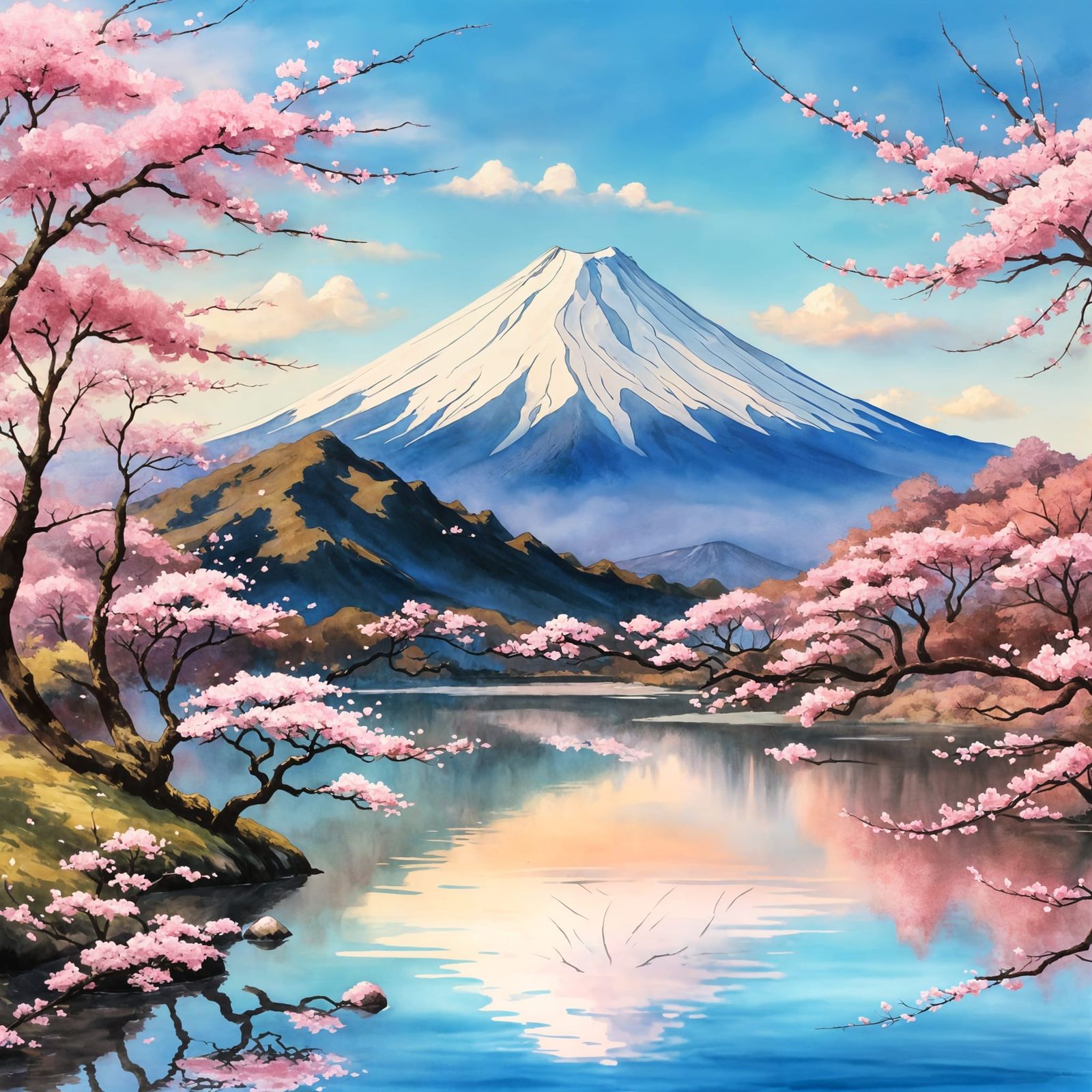 Mount Fuji Reflected, Cherry Blossoms in Spring