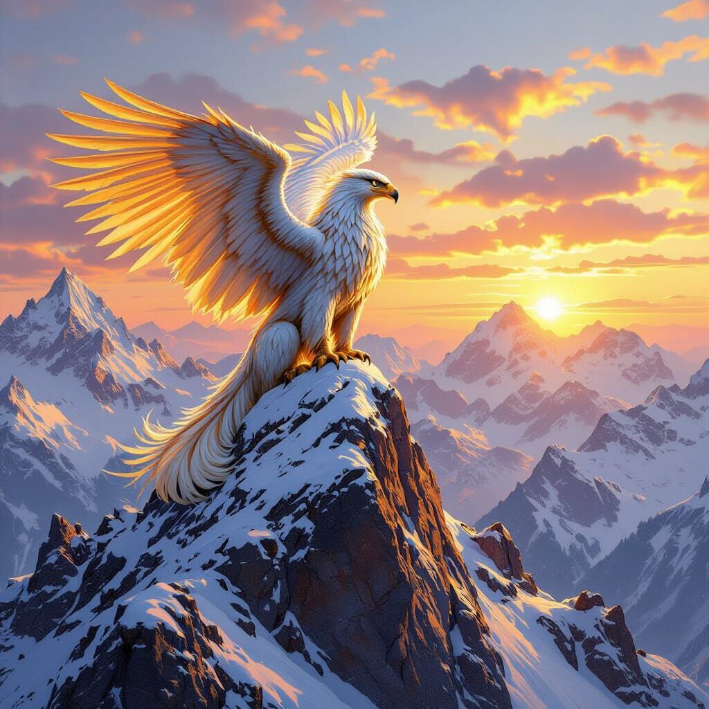 Griffin Perched on Mountain Peak at Sunset