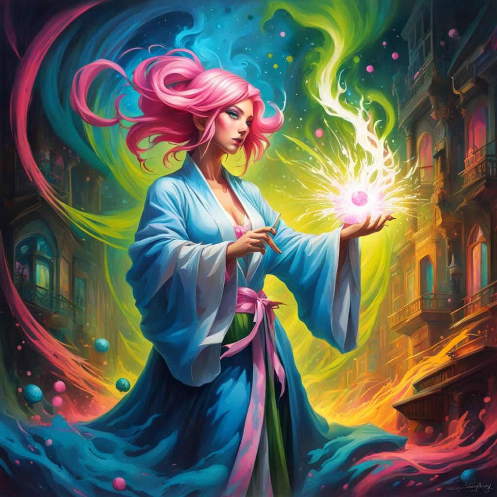 Sorceress Casting Spell in Graffiti Art Style