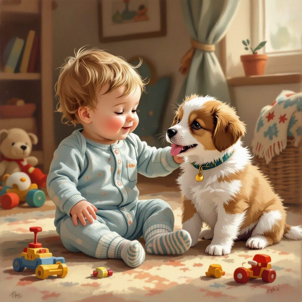 Whimsical Baby and Puppy Playtime Illustration