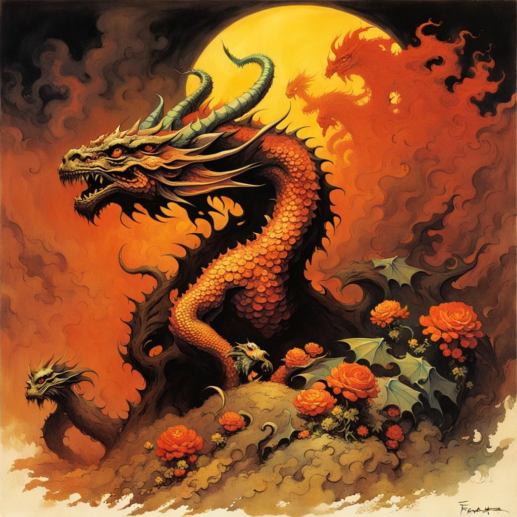 Fantasy Flower Dragon Family in Warm Colors