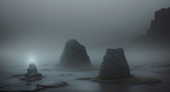 Mysterious Stone with Glowing Runes in Desolate Landscape