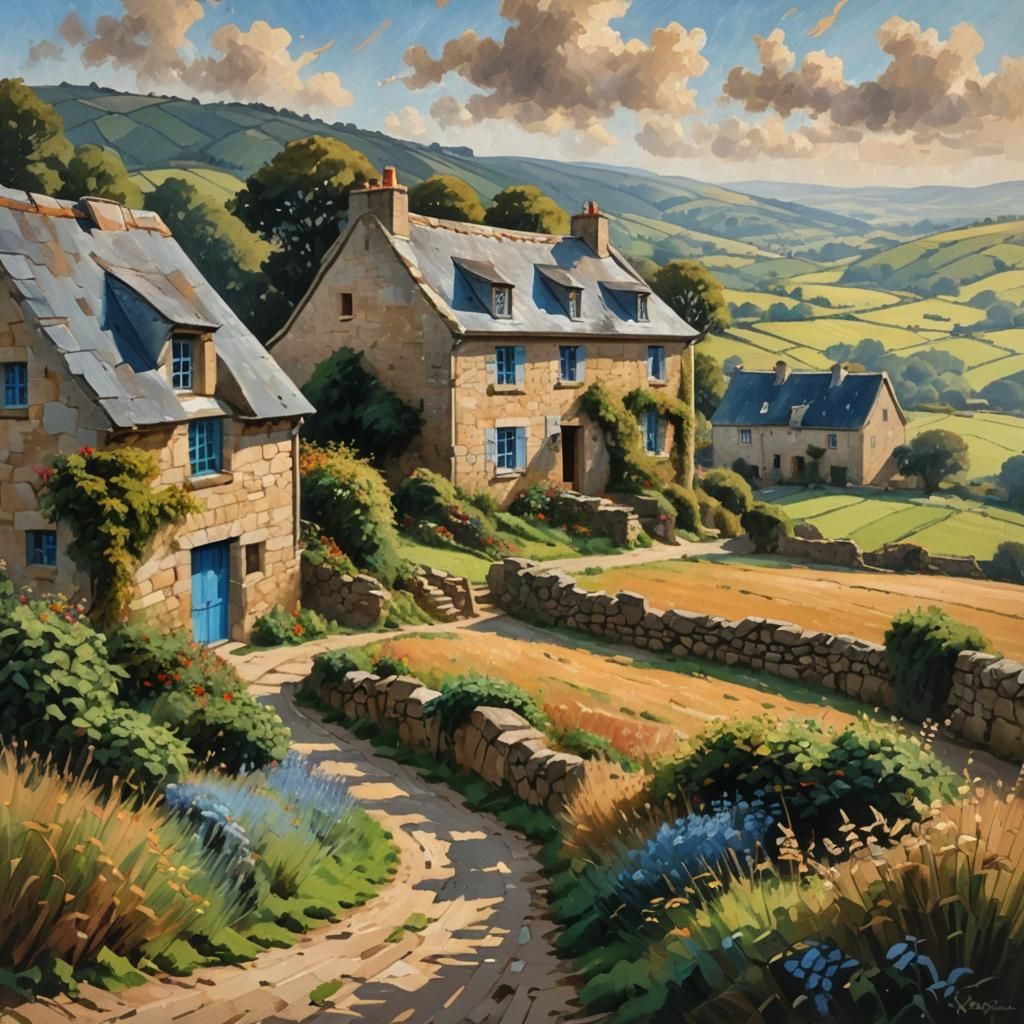 Brittany Stone House in Impressionist Landscape Painting