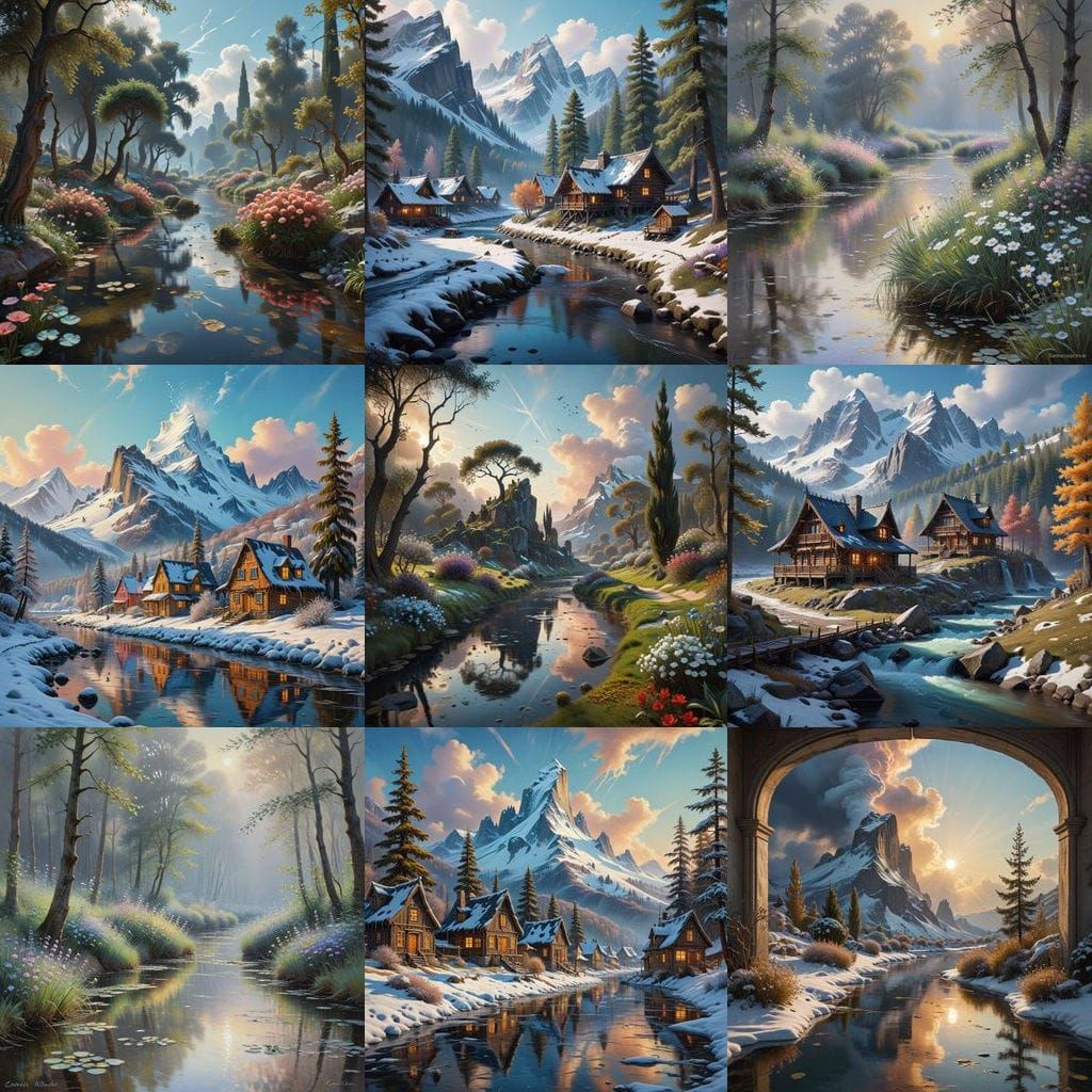 Woodland Village by Icy River in Impressionist Style