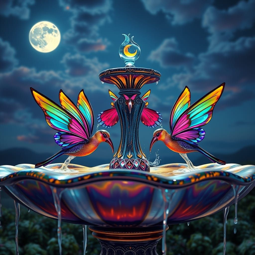 Moonlit Fountain with Glass Butterflies in Graffiti Art