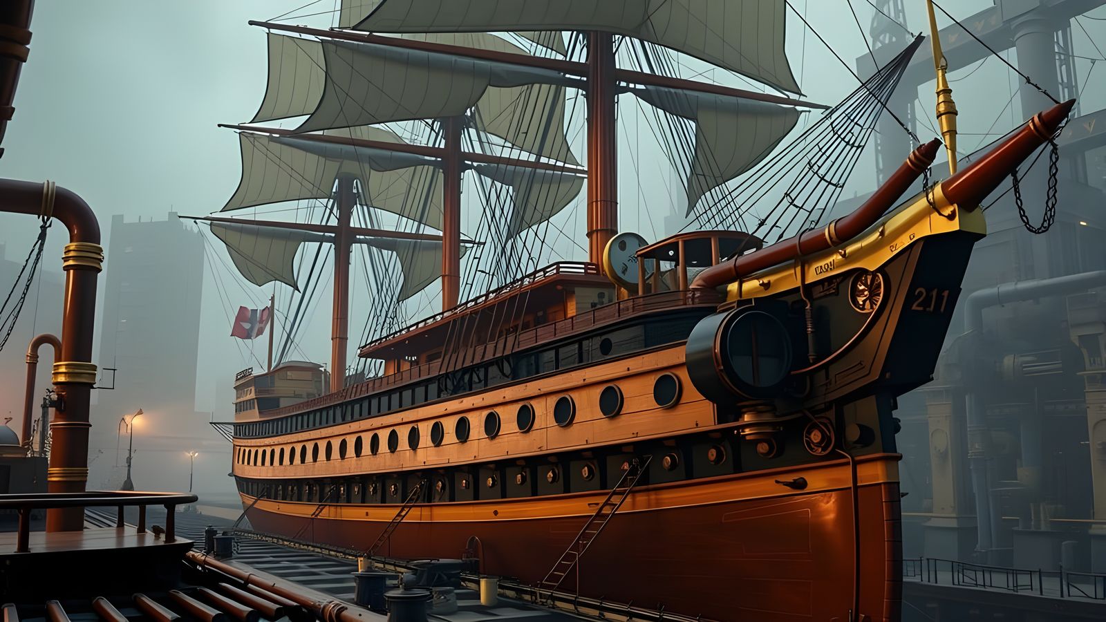 Historic Warship in Steampunk Style