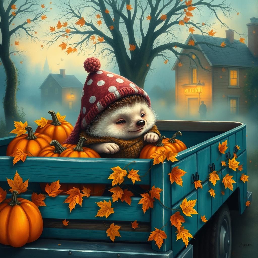 Hedgehog in Autumn Scene as Oil Painting
