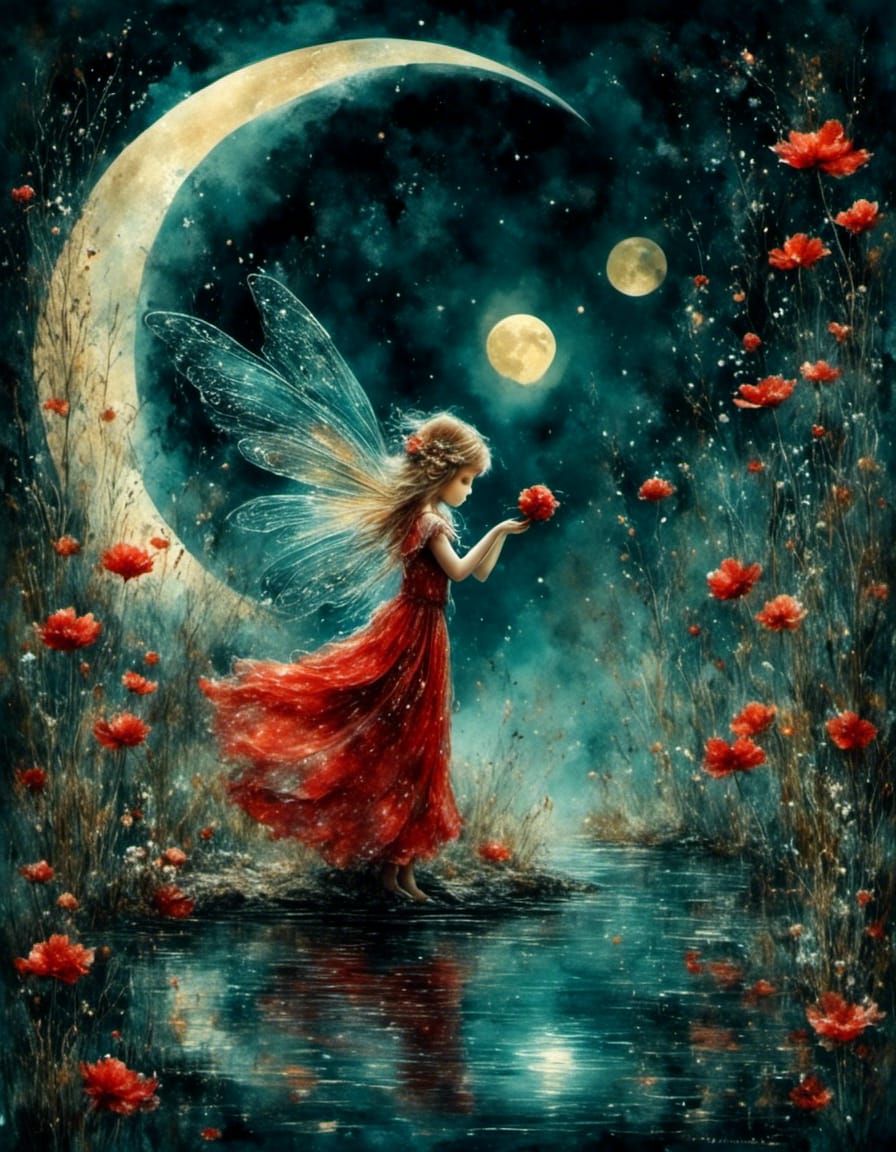 Fairy with Sparkling Wings Under Red Moon