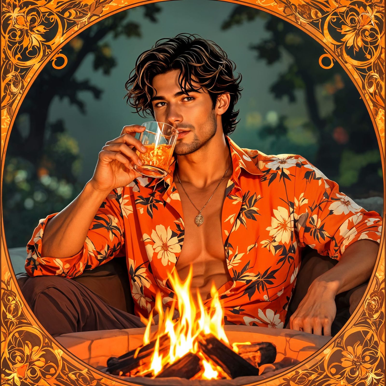Seductive Man in Orange Glow by Fire Pit