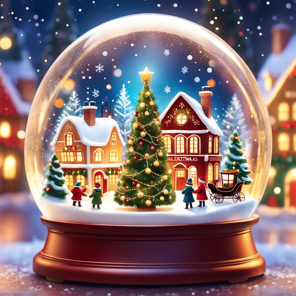 Christmas Village Snow Globe in Digital Art Style
