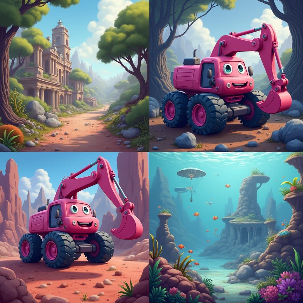 Vibrant Pink Excavator in Fantastical Worlds