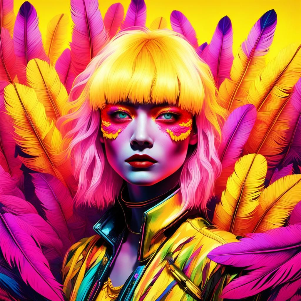 Synthwave Woman with Colorful Feathers and Skin