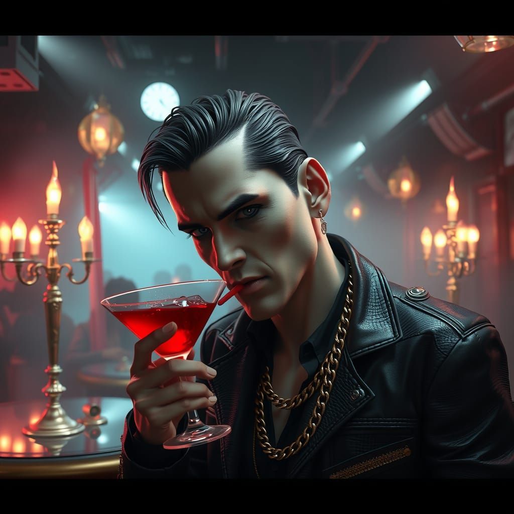Goth Vampire Sips Blood Cocktail in Neon Nightclub