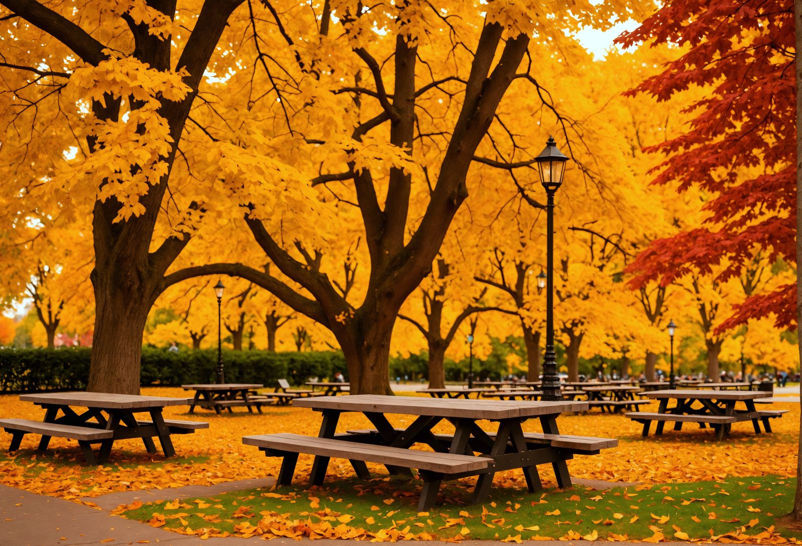 Autumn Picnic Tables in City Park, Hyperrealistic Image