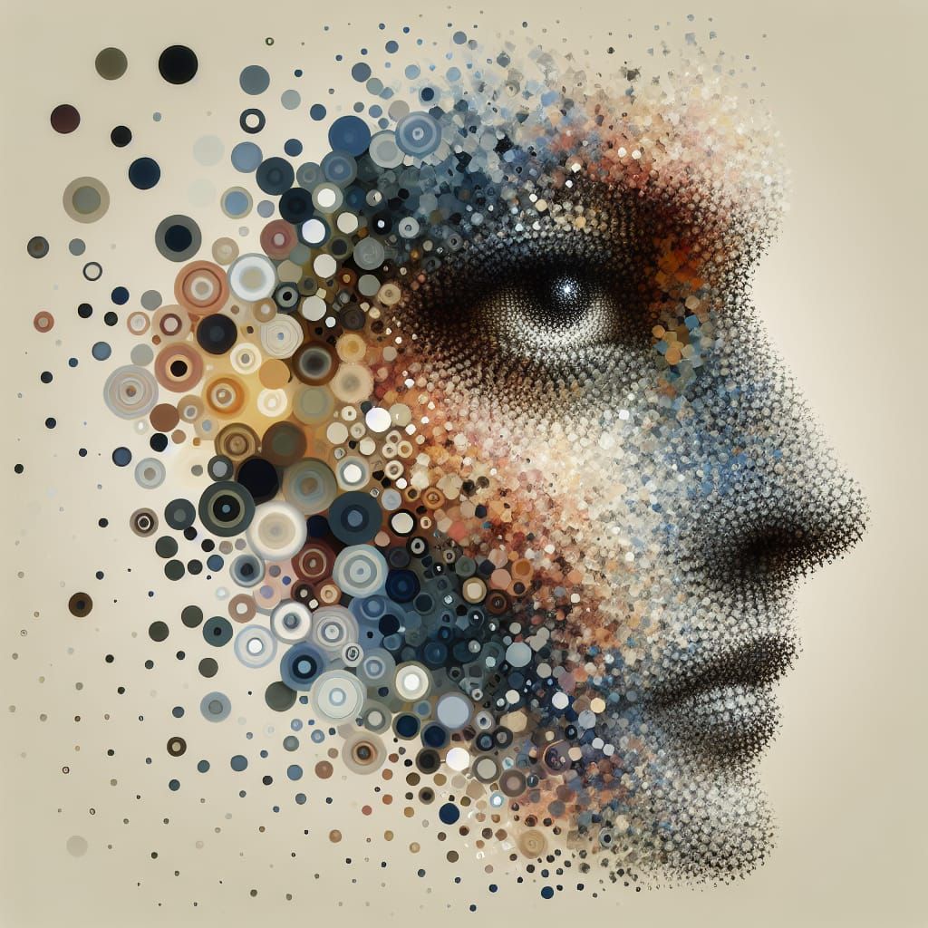 Fragmented Face Dissolving into Circular Shapes