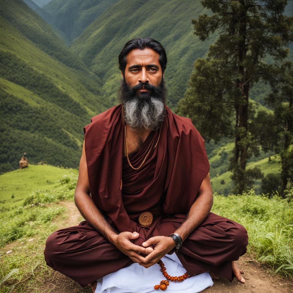 Rishi Meditating in Himalayas with Trishul and Glow