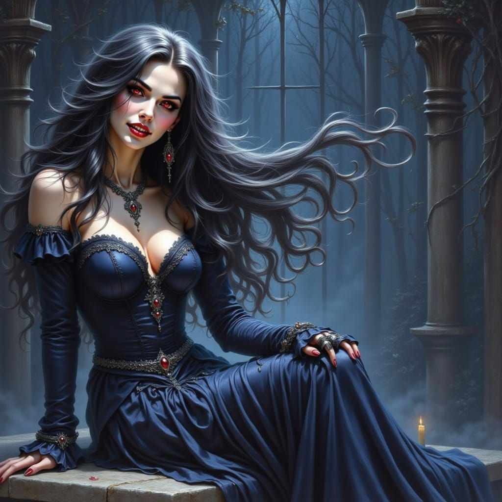 Vampire Woman in Blue Gown Under Moonlight