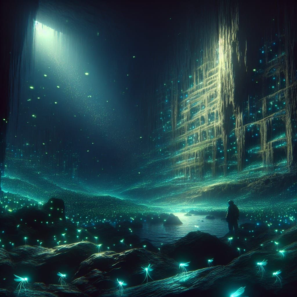Luminescent Fireflies Illuminate Sci-Fi Cavern Wall