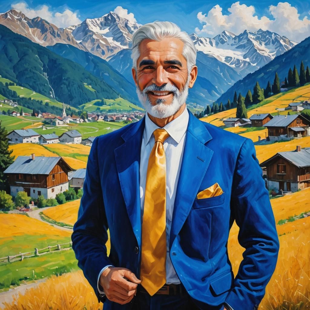 Elegant Iranian Gentleman in Blue Velvet, Impressionist Styl...