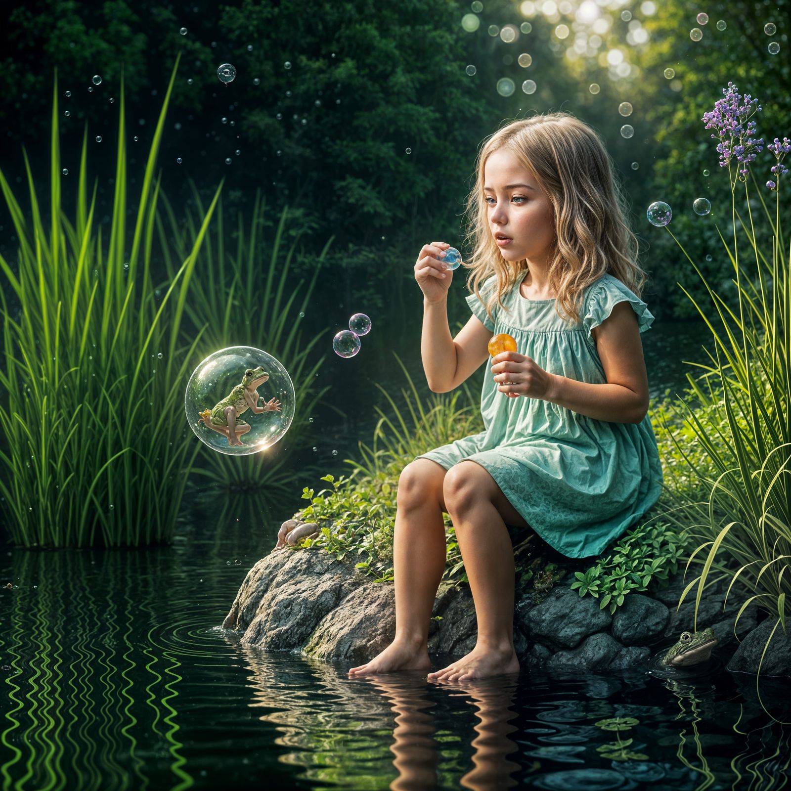 Girl, Frog, and Bubble: Pondside Surprise
