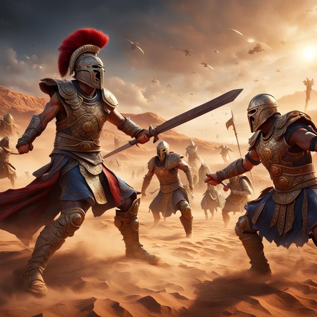 Gladiators Duel in Desert Arena
