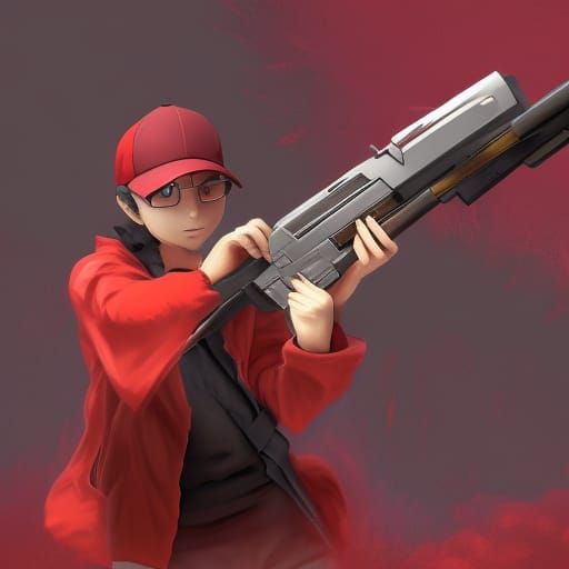 Pokemon Trainer Red with AK47: Detailed Matte Painting
