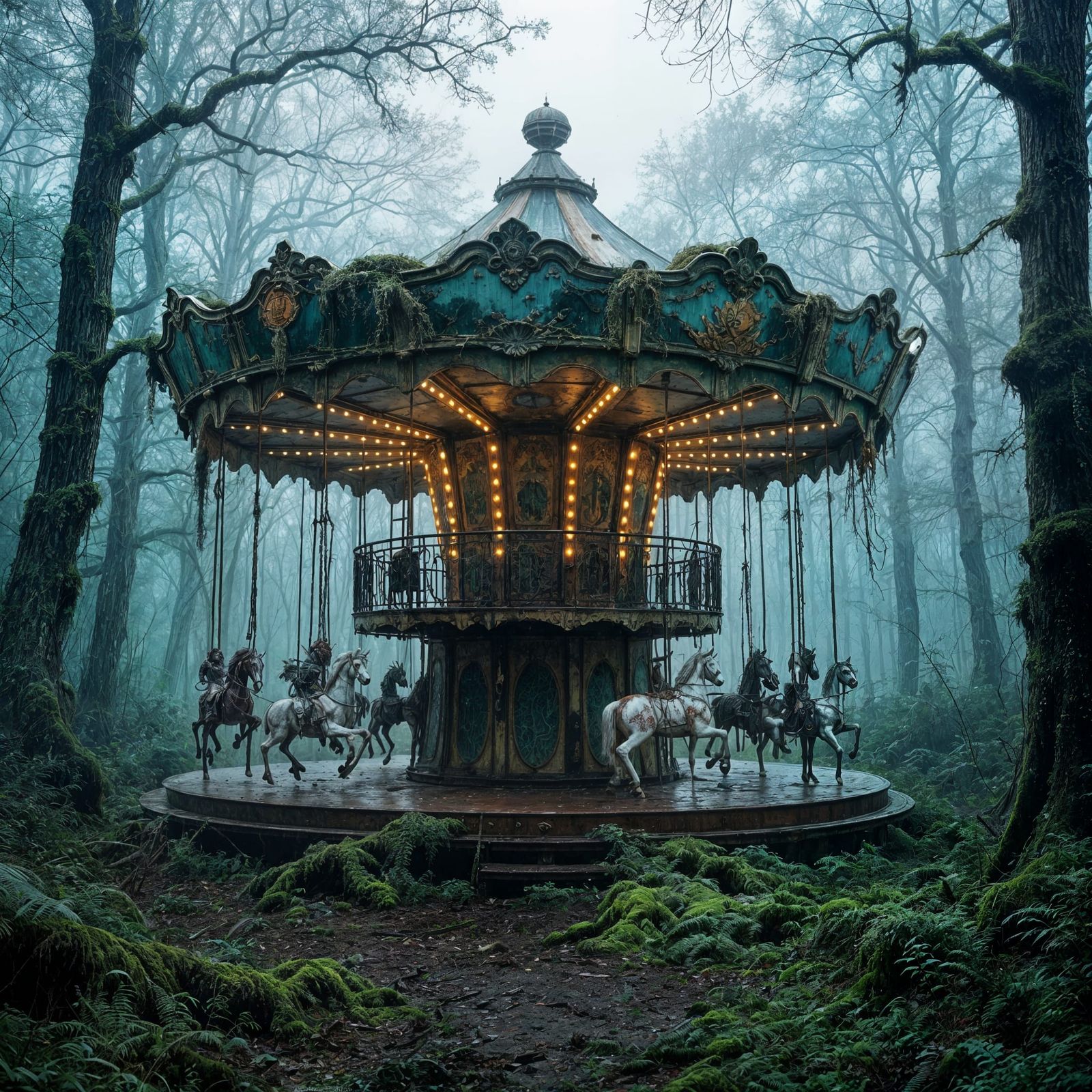 Abandoned Carousel in Misty Forest Clearing