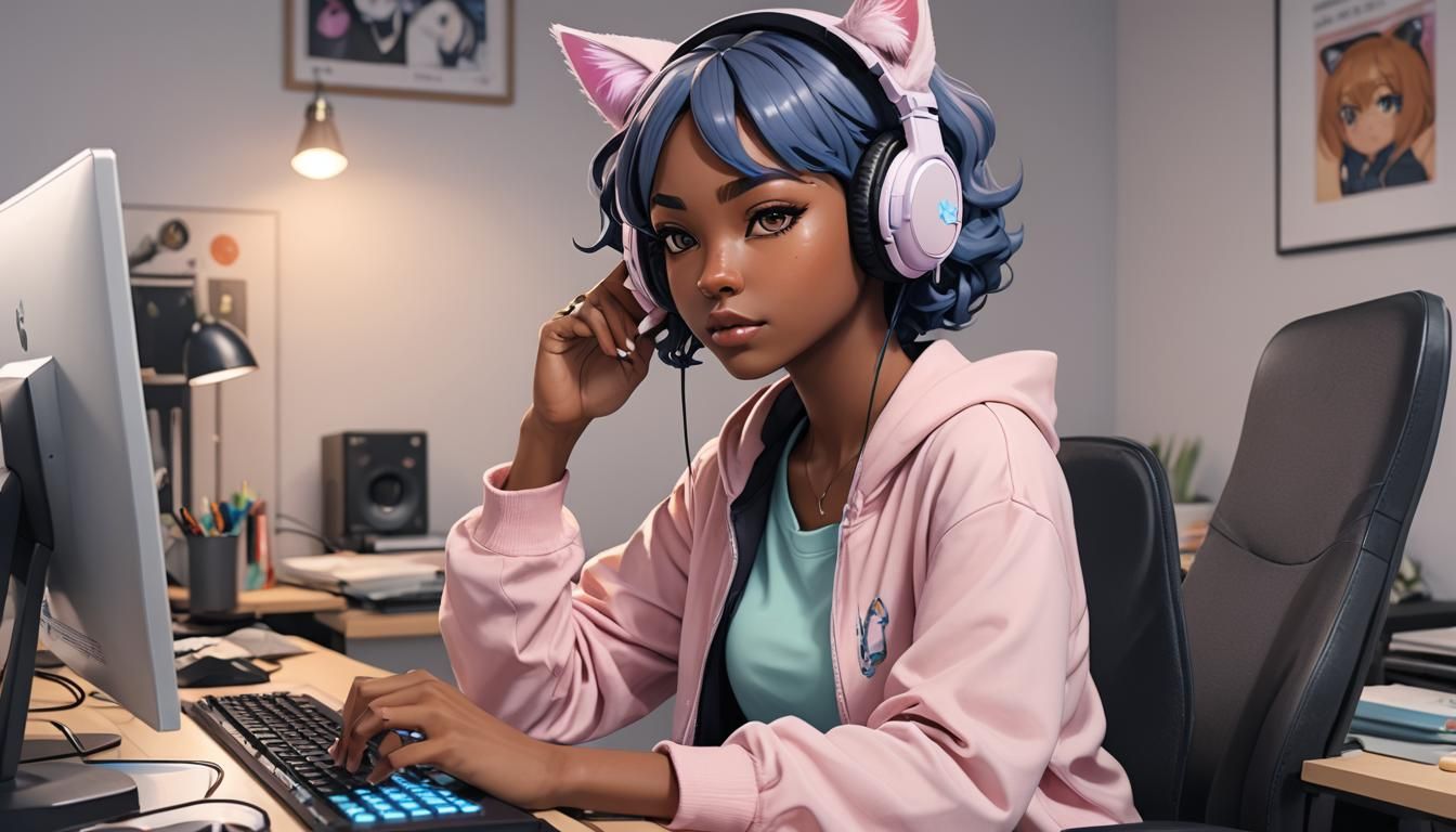 Gamer Girl in 90s Anime Style with Cat Ears