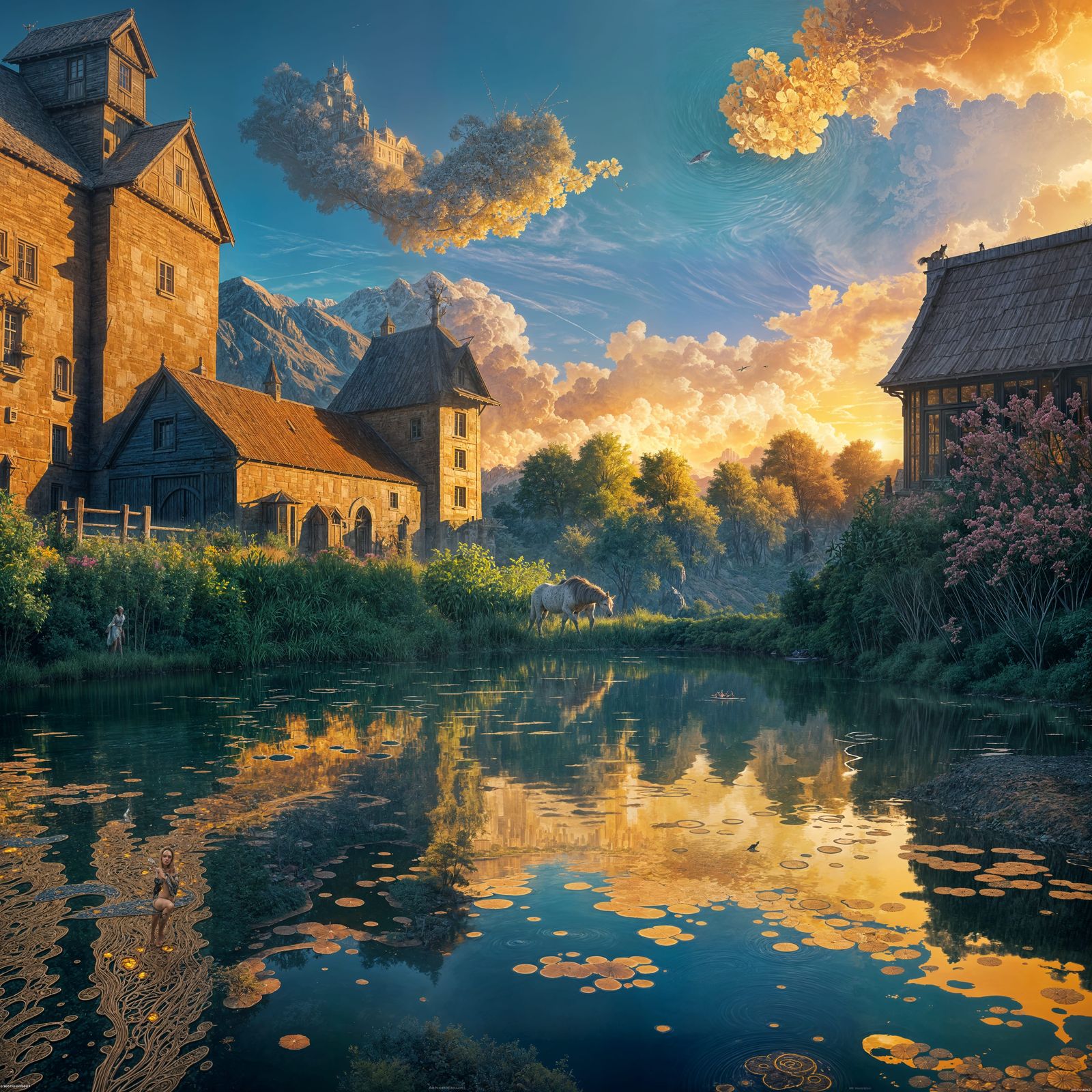 Sunset Lake Painting with Horses and Hay Bales