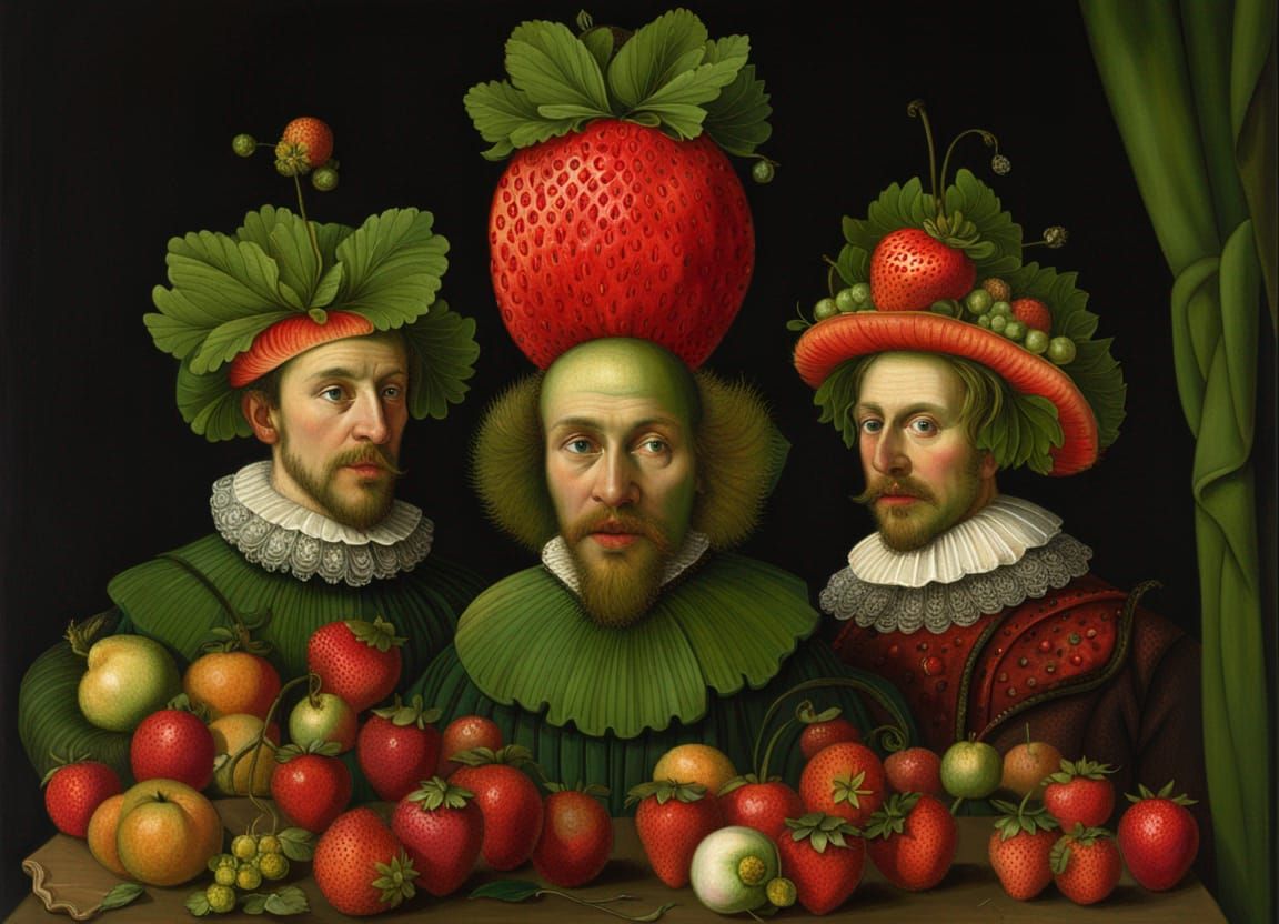 Strawberry-Headed Actors on Stage in Arcimboldo Style