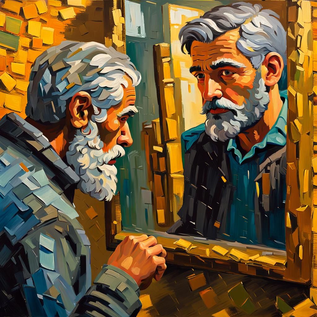 A young man looks into a wall mirror, his reflection shows a...