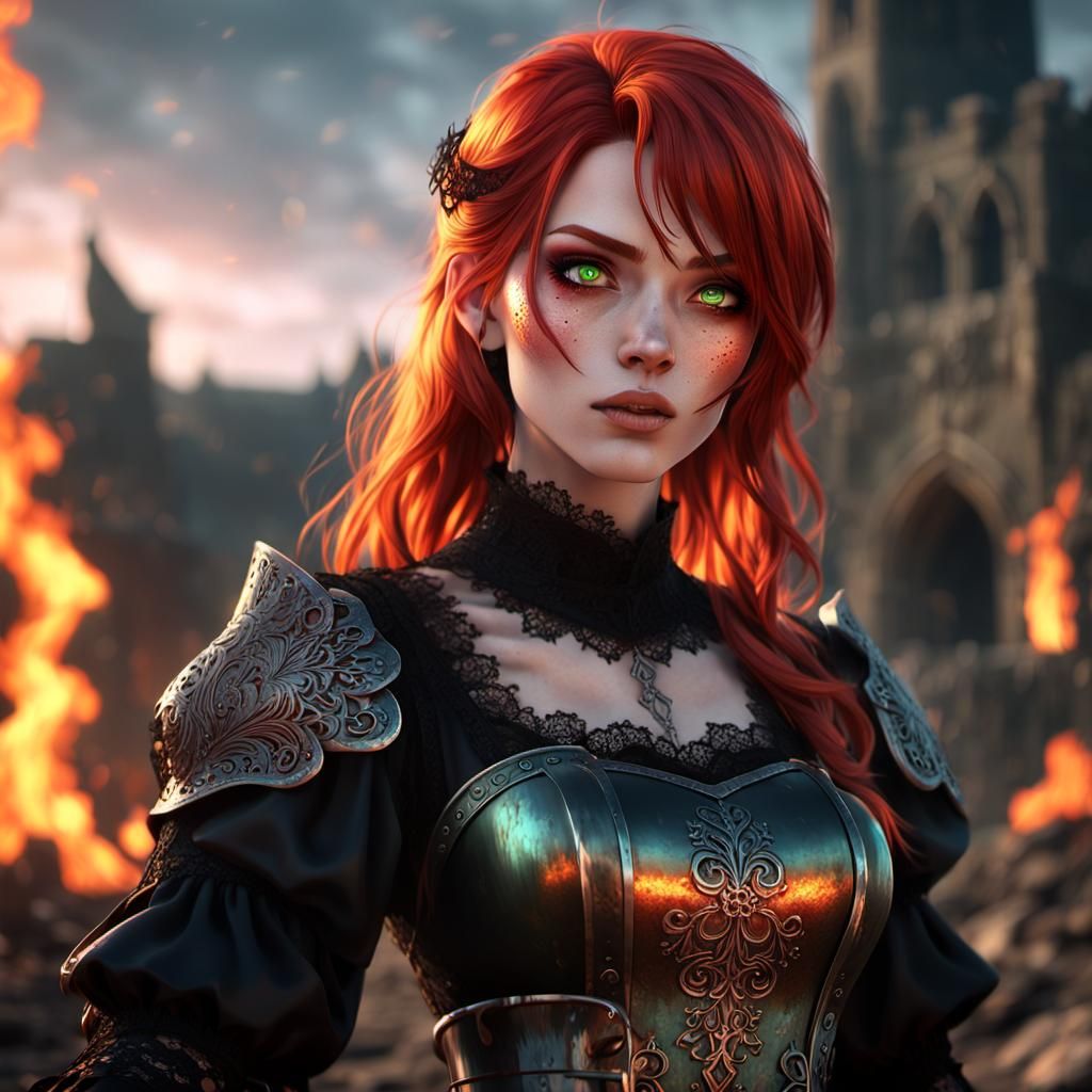Anime Woman with Red Hair on Battlefield in 3D