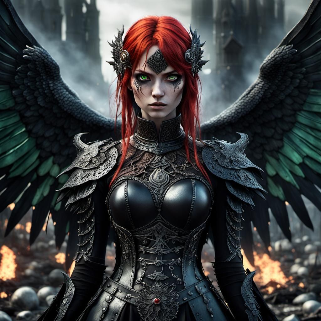 Anime Woman with Wings on Battlefield in 3D