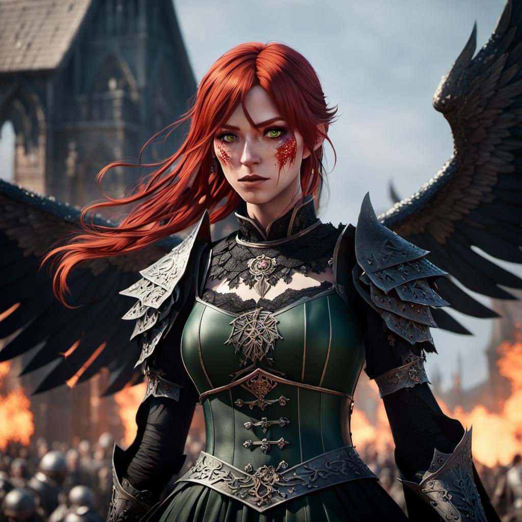 Anime Woman with Black Wings on Battlefield