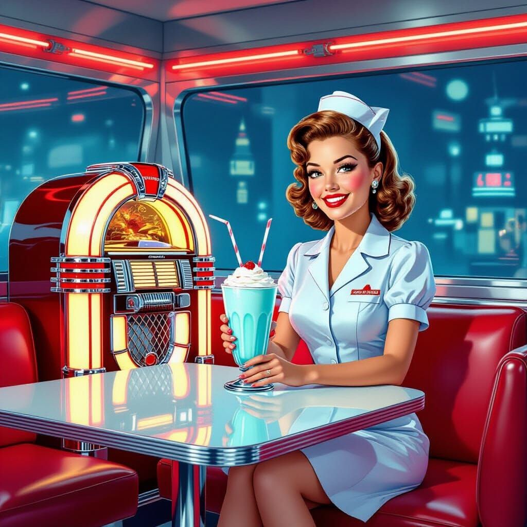 1950s Diner Scene with Android Waitress in Airbrush Art