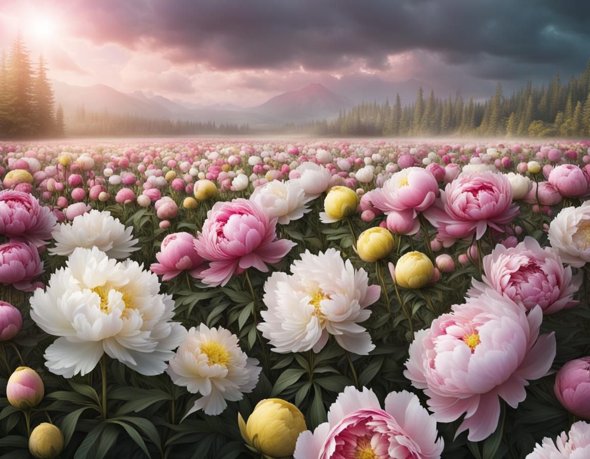 Field of pink and white and yellow  peonies