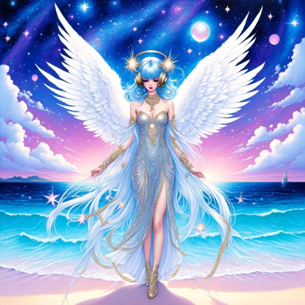 Angel with Space Buns on Beach: Digital Portrait