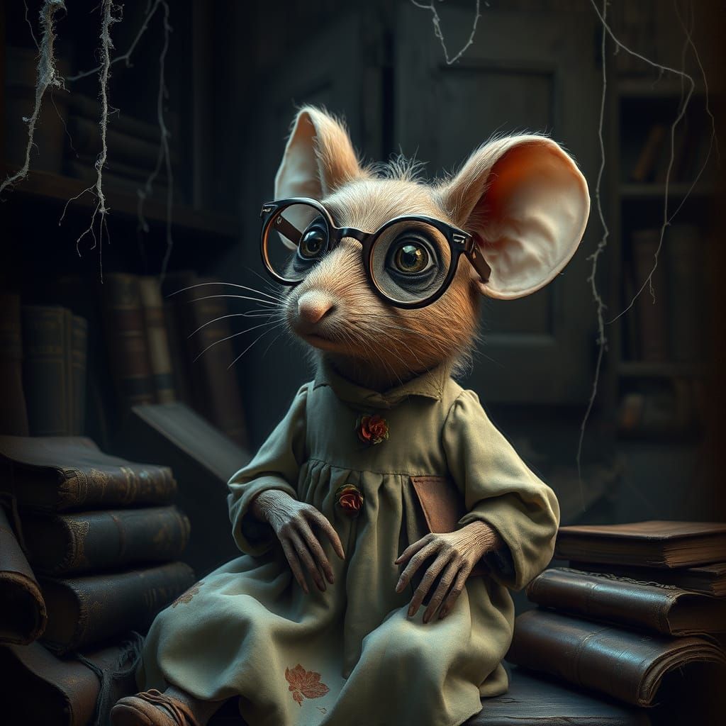 Whimsical, Textured Mouse Librarian in a Haunting, Dreamlike...