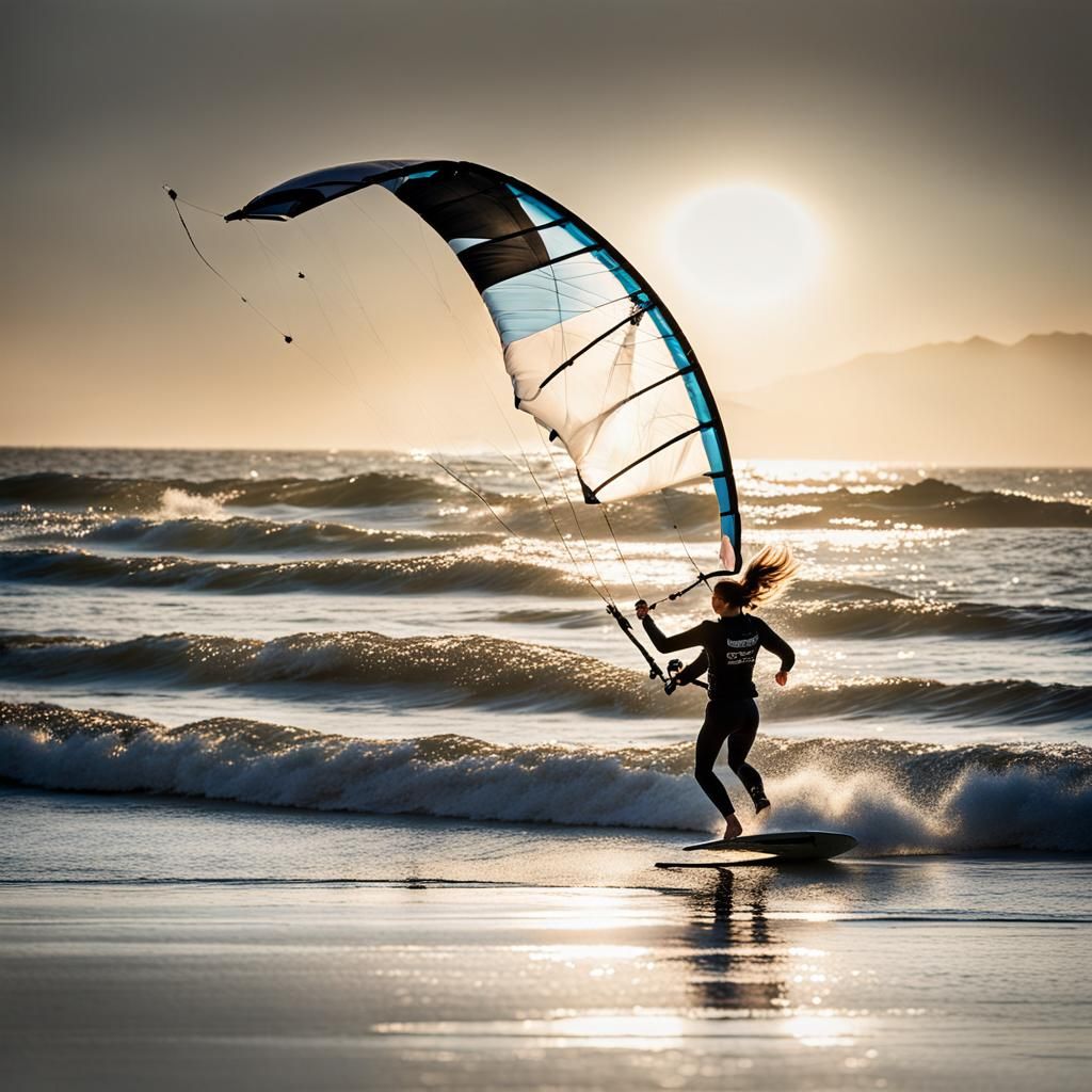 Kite Surfer Silhouette on Sunlit Horizon in Watercolor