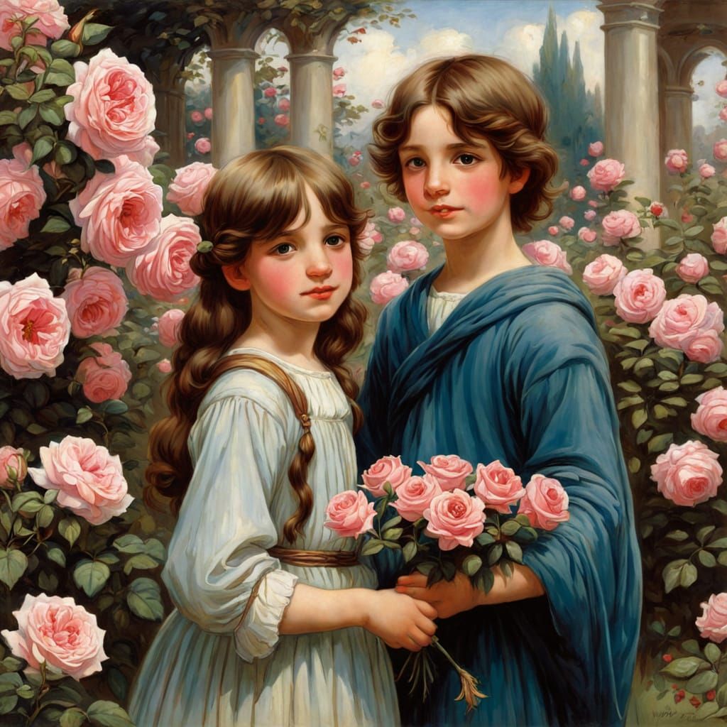 Cheerful Siblings in Rose Garden, Vibrant Anime Style