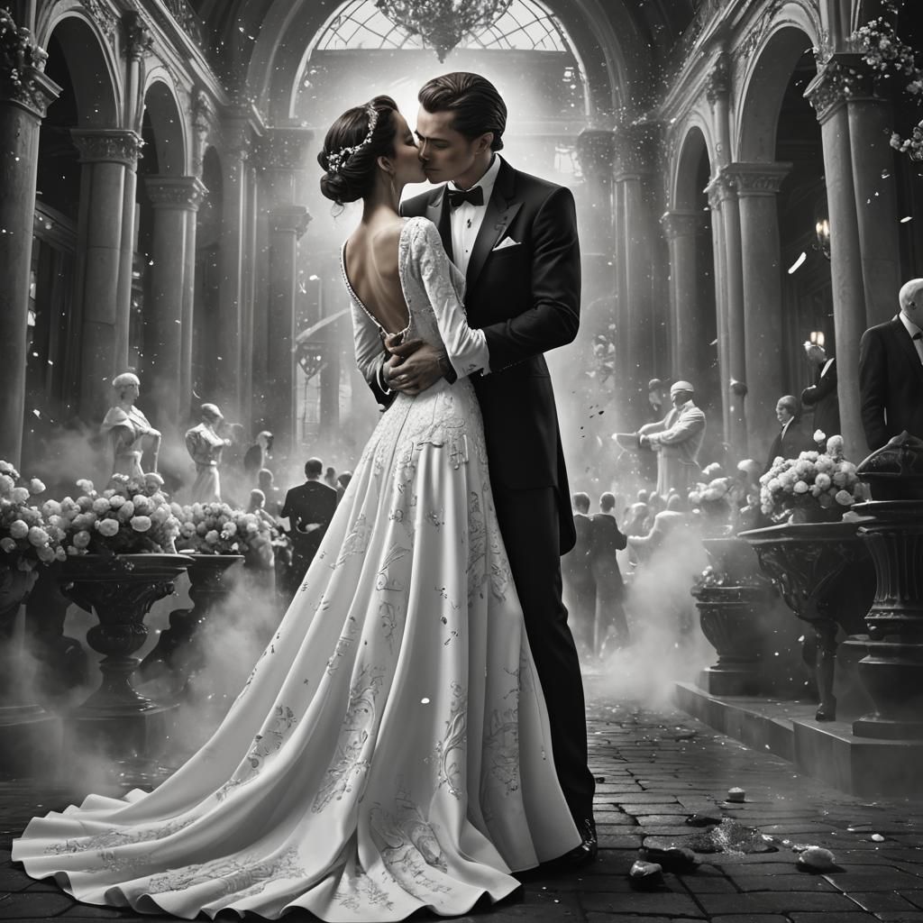 Elegant Black and White Gala Kiss, Matte Painting