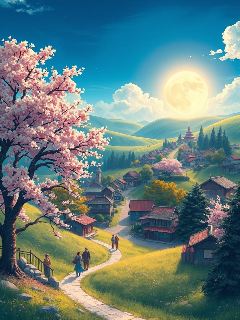 Spring Village in Whimsical Watercolor Style