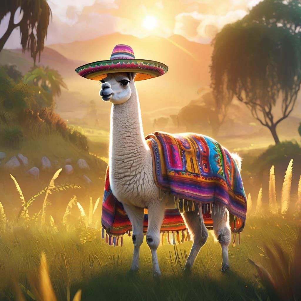 Llama in Sombrero: Vibrant Digital Fantasy Painting