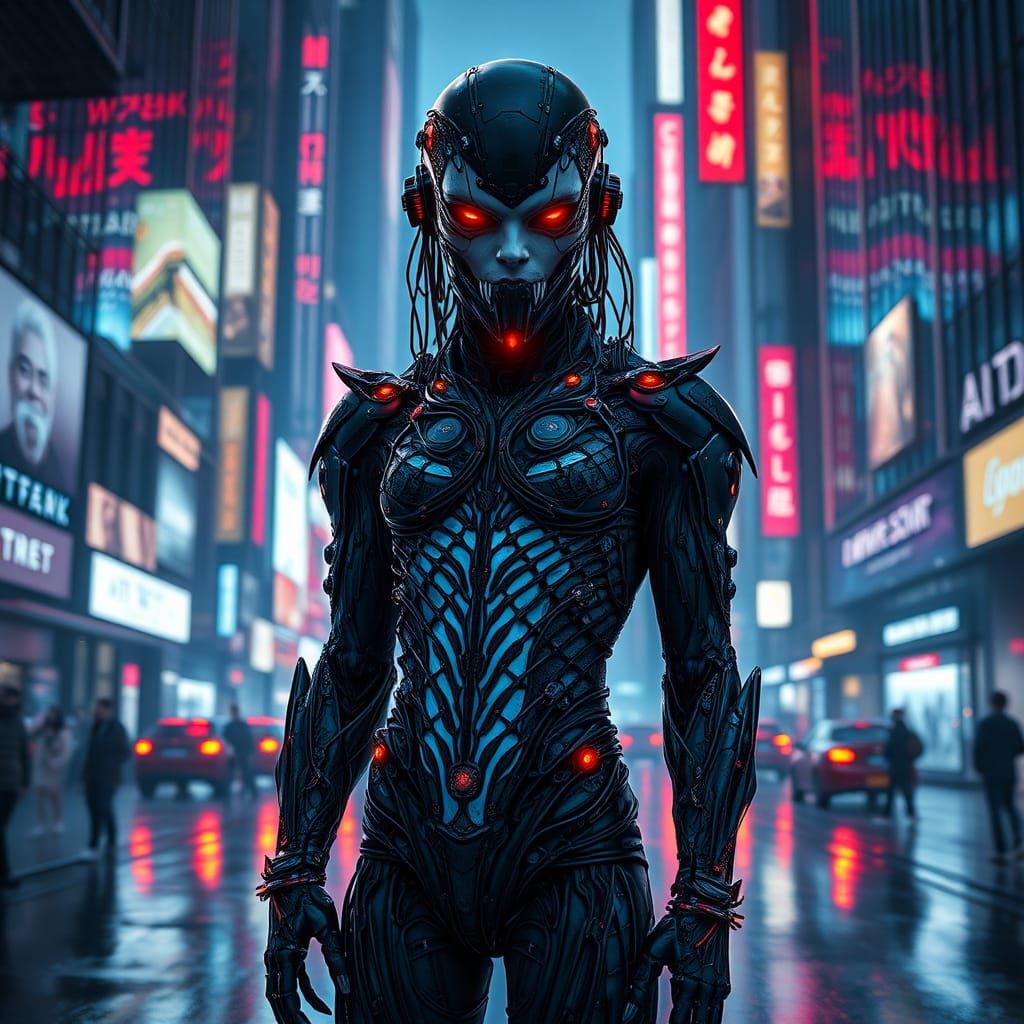 Cybernetic Vampire in Cyberpunk Metropolis