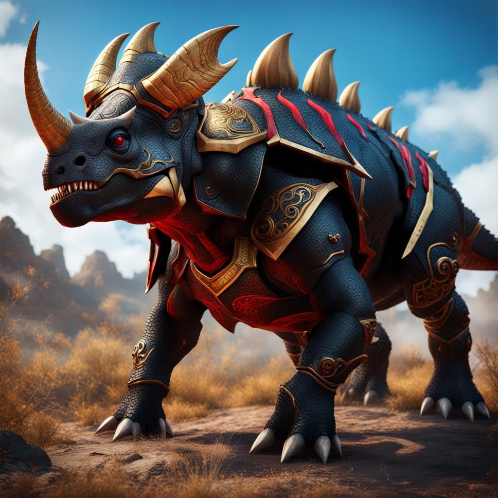 Armored Triceratops with Blue Eyes, Fantasy Concept Art