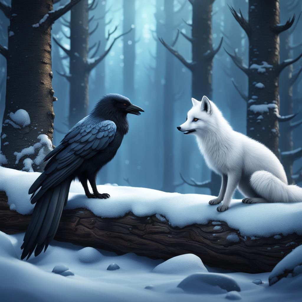 Arctic Fox and Raven in Snowy Forest