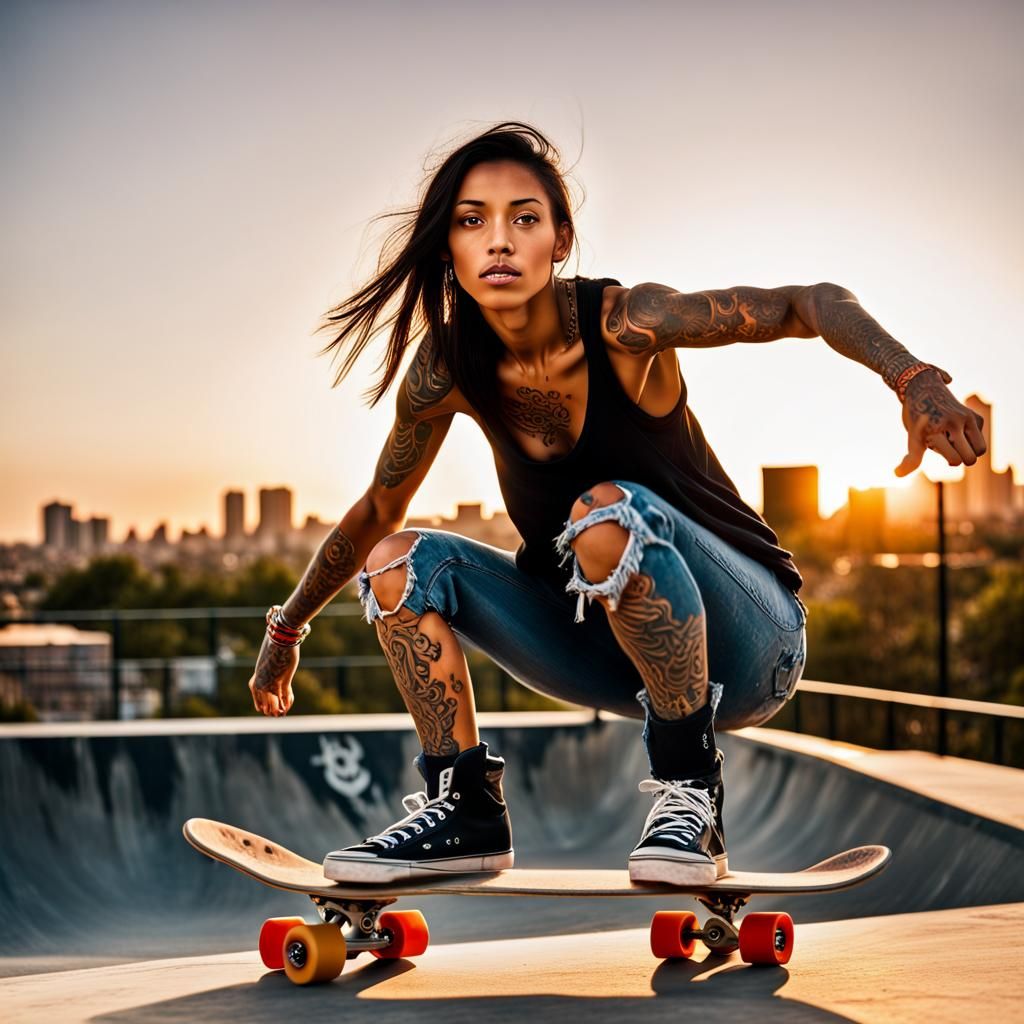 Woman on Skateboard in Ruined City at Sunset
