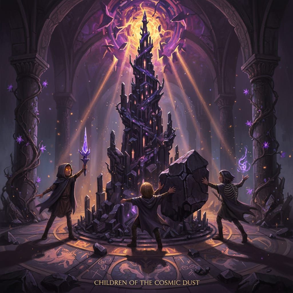 Children Building Towers in Dark Fantasy Style